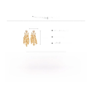 Detailed view of 18K gold plated tassel earrings with white pearls and size specifications