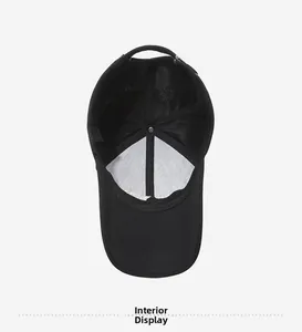 Detail view of the black baseball cap interior showing mesh and reinforced lining