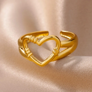 Macro view of 18k gold plated heart ring with ribbed details on champagne silk