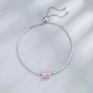 925 silver box chain bracelet with square pink gemstone and sparkling white zircon