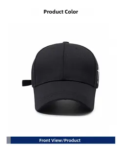 Detail of a black cotton baseball cap showing side cross embroidery and front view