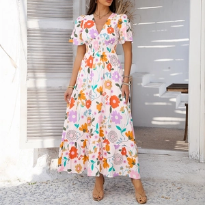 Bohemian Maxi Dress V Neck Short Sleeve High Smocked Waist Print Split Hem Ruffle Lyocell And Viscose Vacation