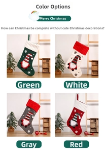 Detail of four colorful knit Christmas stockings with 3D gnome appliques and snowflake embroidery