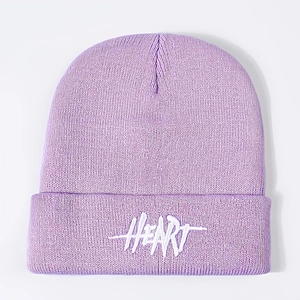 Lavender purple knitted beanie with white HEART letter embroidery in a soft minimal style
