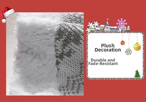 Detail of 48-inch Christmas tree skirt featuring thick white faux fur and grey knit fabric