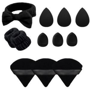 15-piece black flannel spa headband set with wristbands and makeup sponges on white