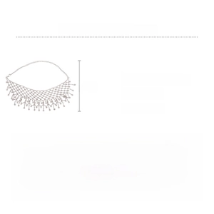 Detailed spec sheet showing a 46cm silver rhinestone mesh necklace made of copper