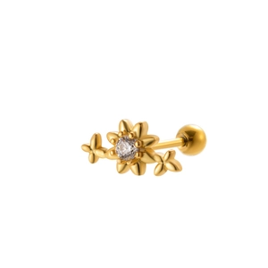 Golden flower cartilage earring with zircon stones and screw ball back on white background