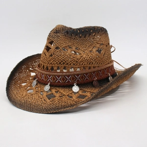 Handwoven straw cowboy hat with ethnic embroidery band and vintage metal pendants