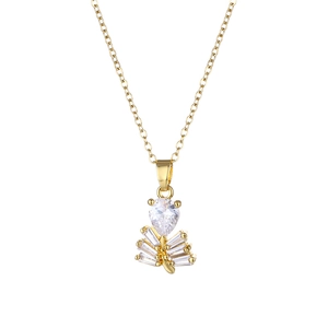 18K gold plated stainless steel necklace with fan shaped zircon pendant on white background