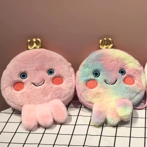 Kids Plush Crossbody Bag Jellyfish Octopus Shape Soft Cartoon Shoulder Pouch With Golden Crown For Toddler Girls Gift