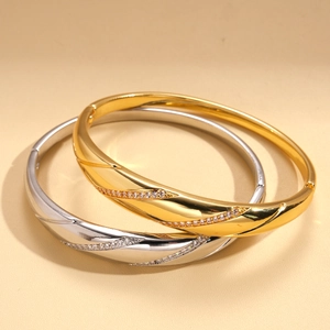 18k gold and silver plated geometric bangle with diagonal zircon stone inlay