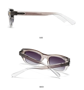 Detailed side and back view of grey translucent aviator frames with purple gradient lenses
