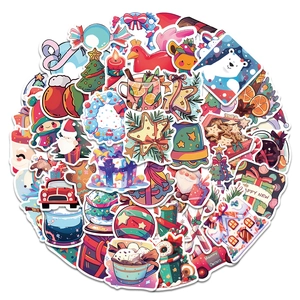 50 pieces of colorful cartoon Christmas stickers featuring Santa, trees and snowmen for DIY