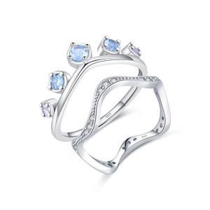S925 sterling silver crown and wave rings set with blue and clear zircon stones