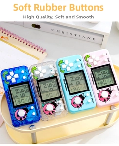 Detailed view of four colorful mini retro handheld game consoles on a display stand
