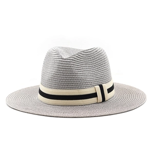 Detail of grey woven Panama hat with black and beige striped elastic band accent
