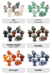Detailed grid of natural crystal mushroom pendants in various semi-precious stones
