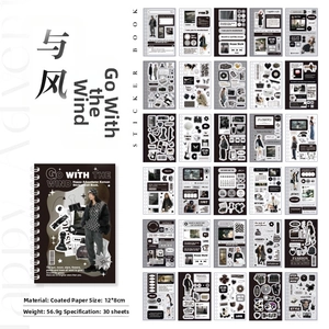 Detail showing 30 sheets of retro English style sticker book with monochrome designs