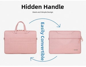 Dettaglio della borsa rosa per laptop con manico retrattile e design a doppia cerniera