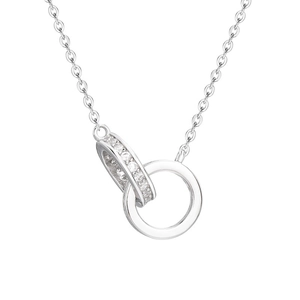 Silver minimalist interlocking double ring necklace with cubic zirconia micro-pave pendant