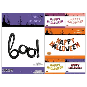 Large black BOO foil balloon and HAPPY HALLOWEEN letter sets for spooky party decoration