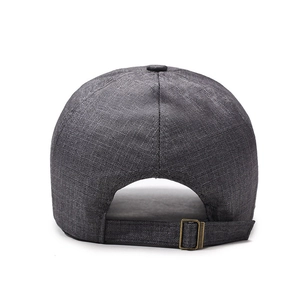 Men's dark gray newsboy cap in suiting fabric with bronze metal buckle back view