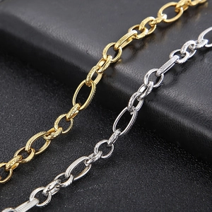 Detail of titanium steel O-chains in gold and silver with textured engraved oval links