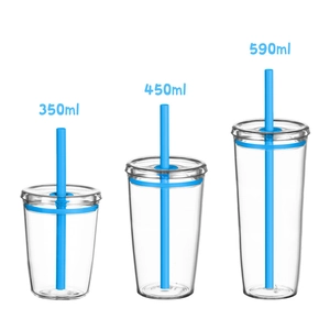 Three transparent Tritan straw cups in 350ml 450ml 590ml sizes with blue accents