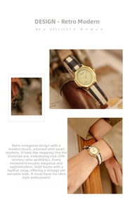 Detail of octagonal gold watch with black and white bicolor leather strap in retro style