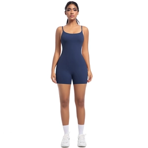 Front view of a navy blue athletic bodysuit with slim straps and high-stretch fabric