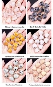 Detailed view of assorted heart-shaped gemstone pendants with gold and silver metal edges