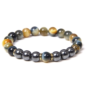 Detail of 8mm tiger eye beads and hematite stones with golden spacer accents