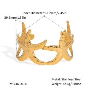 Vue détaillée du bracelet étoile de mer doré avec dimensions et spécifications de l'acier