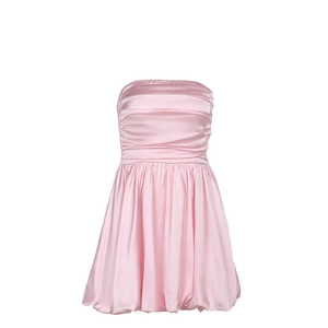 Pink satin off-shoulder mini dress with ruched bodice and pleated flared A-line skirt