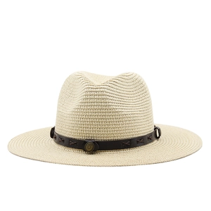 Straw wide-brim fedora hat with brown leather band and metallic buckle for sun protection