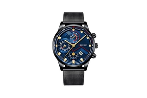 Detail of blue sunray dial with three sub-dials and black Milanese mesh watch strap