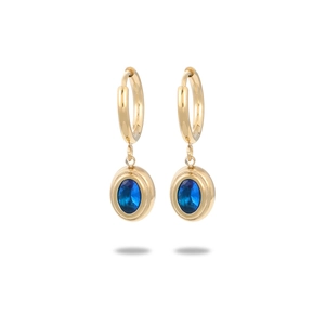 Elegant 18K gold plated stainless steel hoop earrings with oval blue zircon pendants