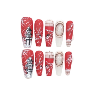 Hand-painted winter snow palace press-on nails in long coffin shape with red and white
