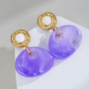 Vintage Bohemian Drop Earrings For Women Stainless Steel 14K Gold Plated Purple Marble Resin Mother Of Artificial Pearl Inlay