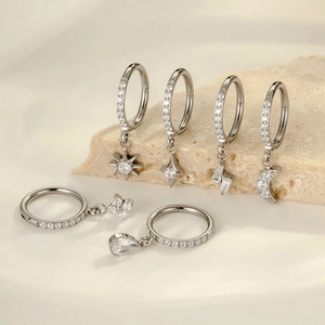 F136 titanium sleeper hoops with moon and star zircon pendants for cartilage piercing
