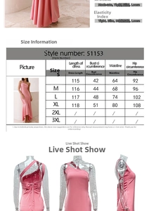 Size chart for the elegant one-shoulder fishtail dress including bust and waist measurements