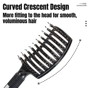 Professional curved boar bristle hairbrush with anti-slip handle on white background
