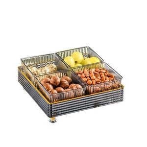 Luxury 4-grid candy tray with transparent grey glass bowls and gold-rimmed base stand