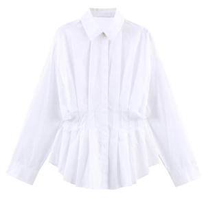 White long-sleeved pleated poplin shirt with unique radial waist gathers and minimalist design