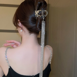 Détail d'une pince à cheveux papillon avec longues franges en strass sur une coiffure