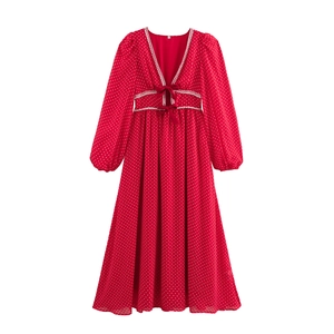 Vestito Lungo Da Donna Dolce Con Scollo A V E Pois Con Finiture In Künstliche Perle E Decorazione Con Fiocco Manica Lunga Rosso Elegante