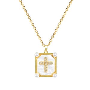 Golden titanium steel necklace featuring cross pendant with pearls and shell inlay