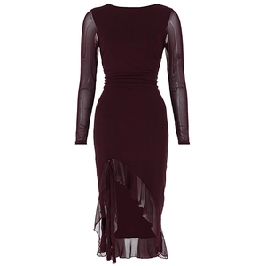 Elegant burgundy long sleeve dress with mesh panels and ruffled asymmetric hemline