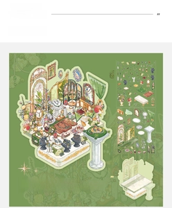 Detailed 3D DIY scrapbooking kit with emerald and gold stickers and paper background